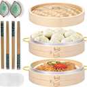 MacaRio Bamboo Steamer Basket Set 10 inch Steamer for Cooking, with Side Handles Chopsticks Ceramic Sauce Dishes Paper Liners, for Dim Sum Dumplings Buns Seafoods Rice Asian Foods