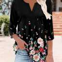 KISSMODA 3/4 Length Sleeve Shirts for Women Floral Business Shirts Tops Blouses Tops Loose Fit T-Shirts (Black, XXXL)