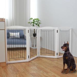 ZJSF Freestanding Foldable Dog Gate - Extra Wide White Puppy Gate for Stairs & Doorways - Tall 4 Panels Wooden Pet Fence