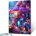 Set of 2 Pack, Oil Number Painting for Adults Colorful Mushroom House with Crystal Lights Paint by Number for Beginner With Brushes and Acrylic Pigment Fantasy Style Artwork for Home Decor Gift 16x20in (Frameless)