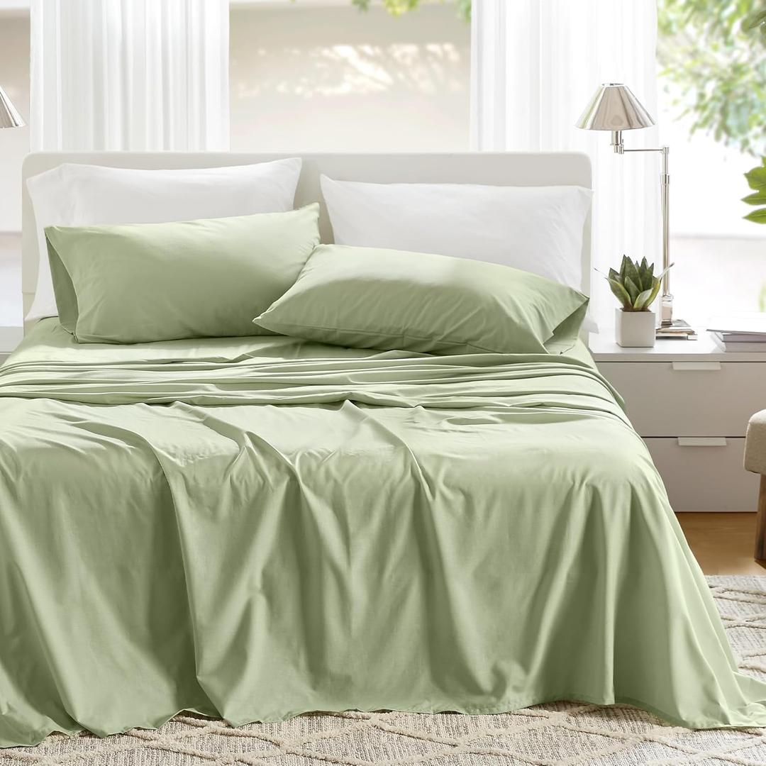 Comfort Spaces 100% Cotton Sheets King, Breathable & Soft Cotton Sheets, Naturally Cool Cotton Bed Sheets with 14" Elastic Pocket Fits up to 16" Mattress, All Seasons Sheet Set, Sage Green 4 Piece