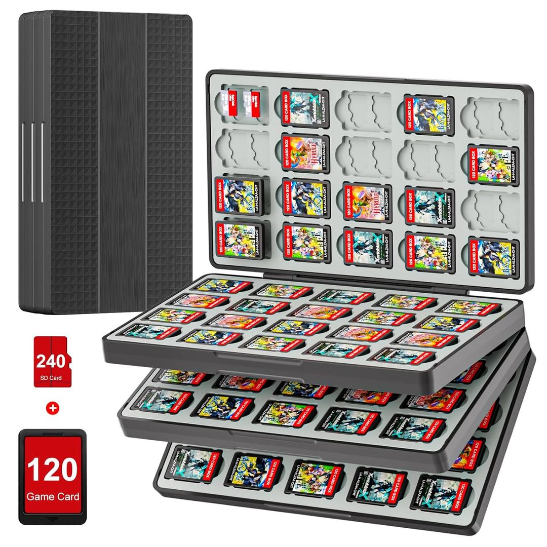 iPLYGAM Switch Game Case for Nintendo Switch 2/Switch/OLED/Lite with 120 Slots and 240 Memory Micro SD Card Storage, Portable Travel Switch Game Holder Organizer, Game Card Protective Festival Gift (Square Stripes Black)
