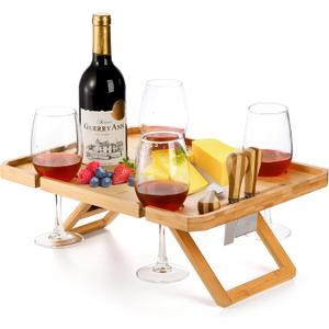 Kingrol Bamboo Wine Picnic Table with Wine Bottle, Glass and Cheese Knife Holder - for Park Camping Beach Outdoor Snack, Wine Lover Gift, Foldable and Portable, 16.1 x 12.5 x 6 Inch