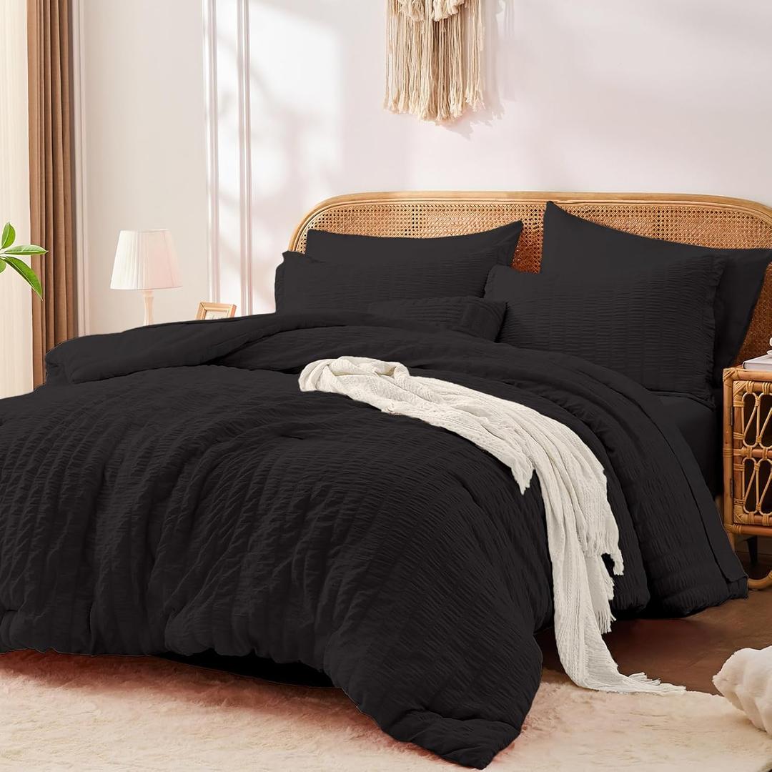 FUANNA Full Size Comforter Sets 7 Pieces, Luxury Seersucker Bed in a Bag Full for All Seasons, Soft Bed Sets with Comforter, Flat Sheet, Fitted Sheet, Pillowcases & Shams for Bedroom, Black