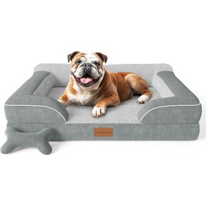 CWAWZ Dog Beds for Large Dogs, Orthopedic Dog Bed with Cooling Gel Memory Foam, Waterproof Large Pet Bed with Removable Washable Cover, 36" Pet Sofa Couch Dutch Velvet with Bone Toy, Light Gray