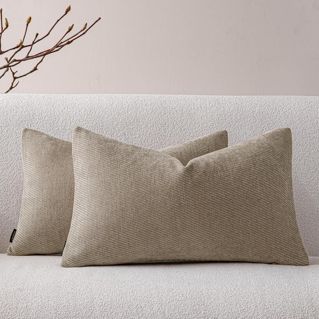 a moment Pack of 2 Decorative Chenille Throw Pillow Covers with Twill Cushion Covers for Sofa Living Room Couch Bed 12x20 Inch Light Brown (19.7" x 11.8" (Pack of 2))