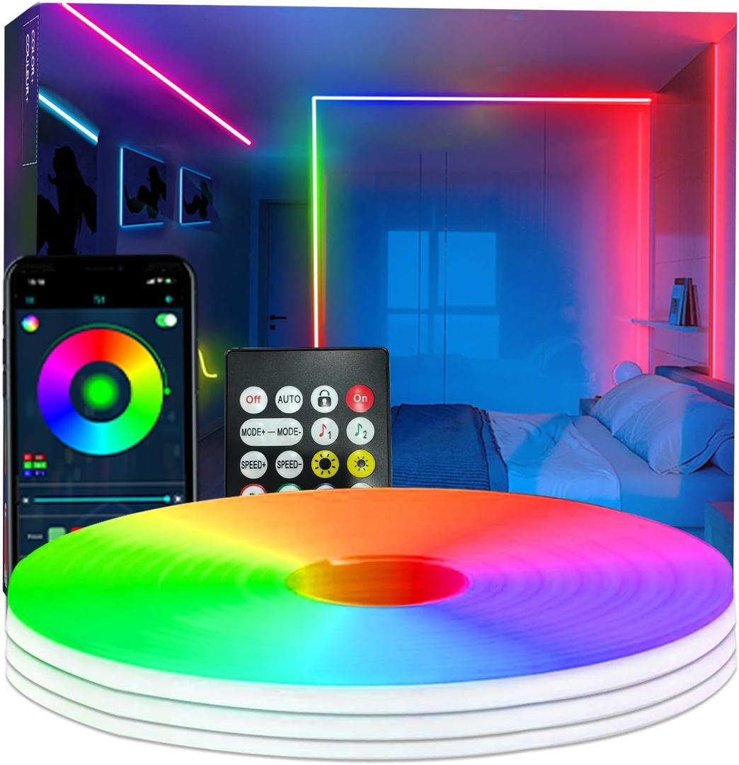 50FT Neon Rope Light,RGB+IC Flexible Led Lights Control with App/Remote,Color Changing,IP65 Outdoor Waterproof,Music Sync Light Strip for Bedroom