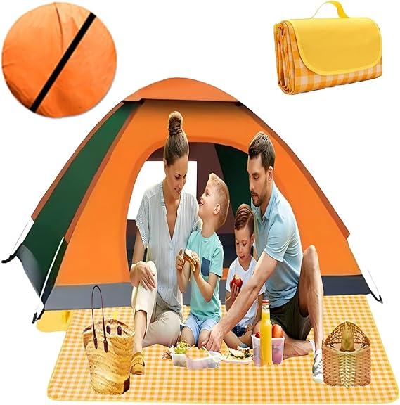 Pop Up Compact Camping Tent, Instant Pop Up Tent with Picnic Mat, Portable Automatic Waterproof Easy Setup Quick-Open Tent, Outdoor Camping Beach Travel 2 Person, Green+Orange(1 Door & 1 Window)