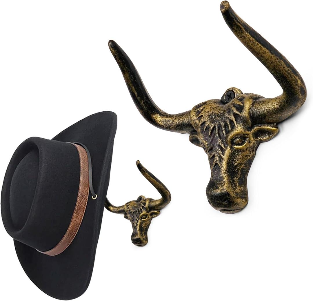 Cowboy Hat Rack for Wall 2 Pack Animal Head Metal Cowboy Hat Holder Cast Iron Hat Hanger Western Longhorn Hooks Storage Gold Wall Decor for Closet Bedroom Living Room Men's Gift (2 Pack, Antique Gold)