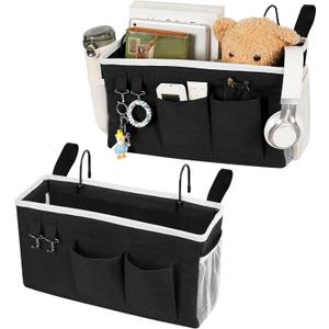 Loghot Bedside Caddy/Bedside Storage Bag Hanging Organizer for Bunk and Hospital Beds,Dorm Rooms Bed Rails,Can be Placed Glasses,Books,Mobile Phones,Keys (2pc Black)