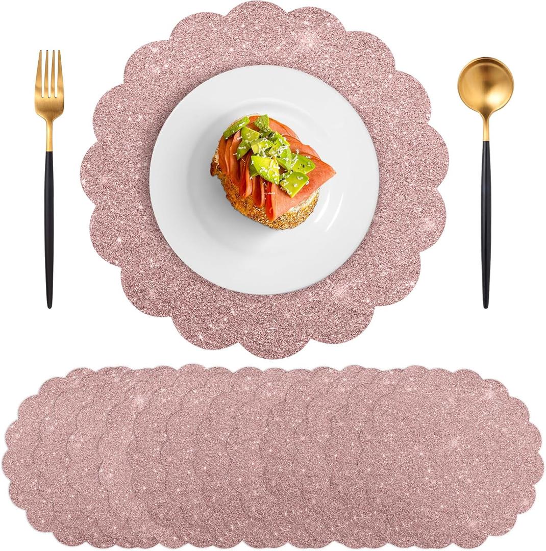 60 Pcs Rose Gold Glitter Paper Placemats, 13.5 Inch Disposable Scalloped Placemat Round Sparkle Table Place Mats Decorative Paper for Baby Shower Tea Garden Party Wedding Birthdays Banquet