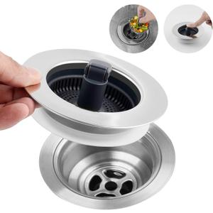 Hibbent 3 in 1 Kitchen Sink Drain Strainer, Stainless Steel Wrapped Shell Drain Stopper Combo, Pop Up Sink Stopper, Anti-Clogging Basket Strainer with Foldable Handle for US Standard 3-1/2" Drain