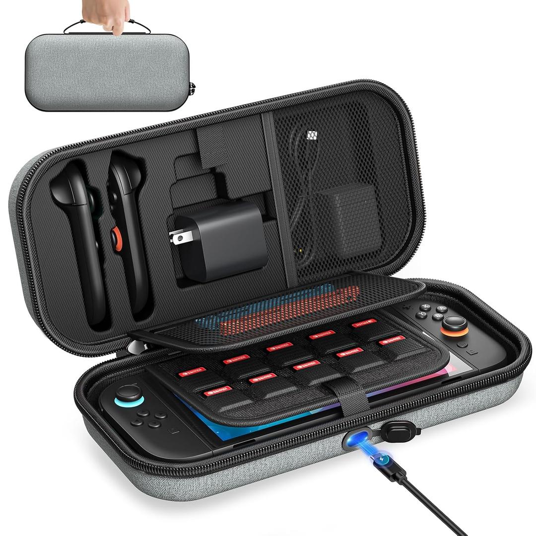 Auarte [Charge Inside] Switch 2 Carrying Case for Nintendo Switch 2 Console 2025 / Switch Original/Switch OLED, Slim Travel Carry Case for Switch 2 Accessories with 10 Game Card Storage (Grey, for Switch 2, Carrying Case)