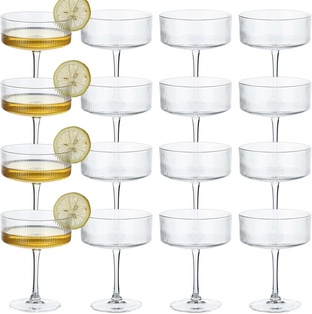 Martini Glasses set of 16, 10 oz Ribbed Coupe Glasses Champagne Coupe Glasses Set for WineMargarita Glass (Transparent)