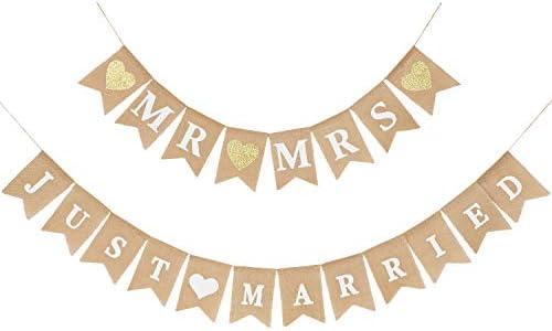 2 Pieces Mr and Mrs Banner Just Married Banner Bridal Shower Rustic Bunting Garland for Wedding Party