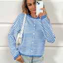 Saodimallsu Womens Striped Cardigan Casual Long Sleeve Open Front Button Down Loose Knit Lightweight Fall Sweaters (Blue, M)