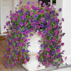 Ammyoo Artificial Hanging Flowers Plants for Outdoors Summer Decoration | 2 Pcs Fake Double Purple Silk Daisy Realistic Outside Faux Floral UV Resistant Porch Patio Window Yard Indoor Decor