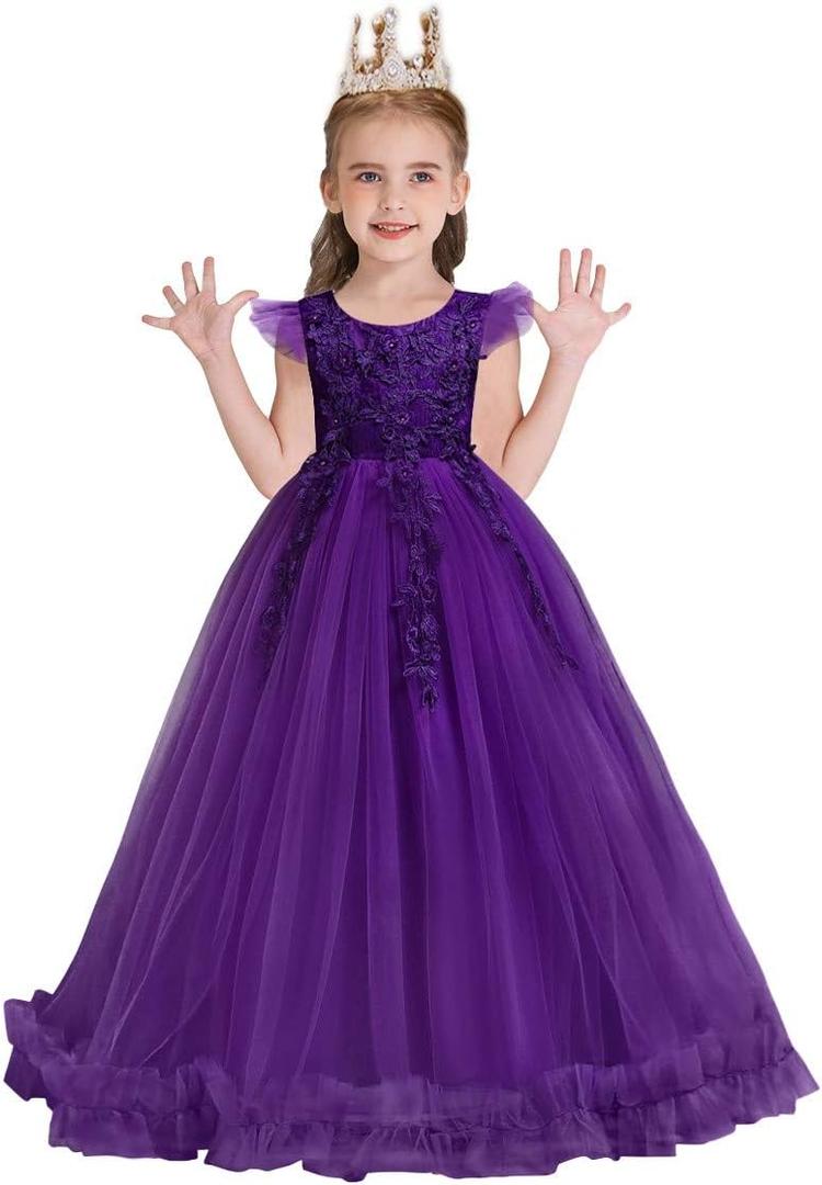 MYRISAM Girl's Embroidery Tulle Lace Maxi Flower Girl Wedding Dress Birthday Pageant Communion Dance Party Tulle Gown (5-6 Years, Deep Purple)