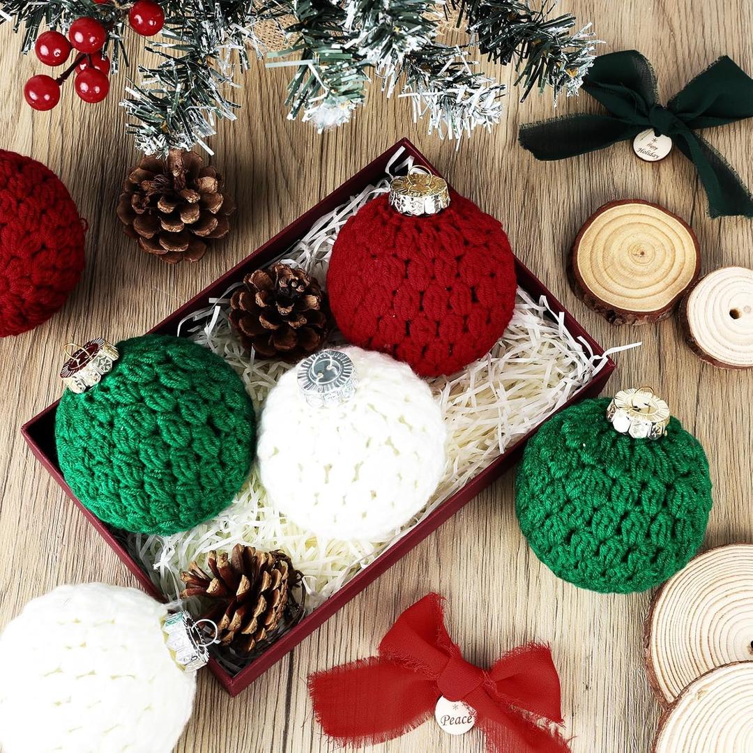 12 Pcs 3.15" Crochet Christmas Ball Ornaments Set with Wooden Chips and Ribbons Classic Red Green White Knitted Hanging Balls for Neutral Rustic Farmhouse Christmas Tree Holiday Xmas Decoration