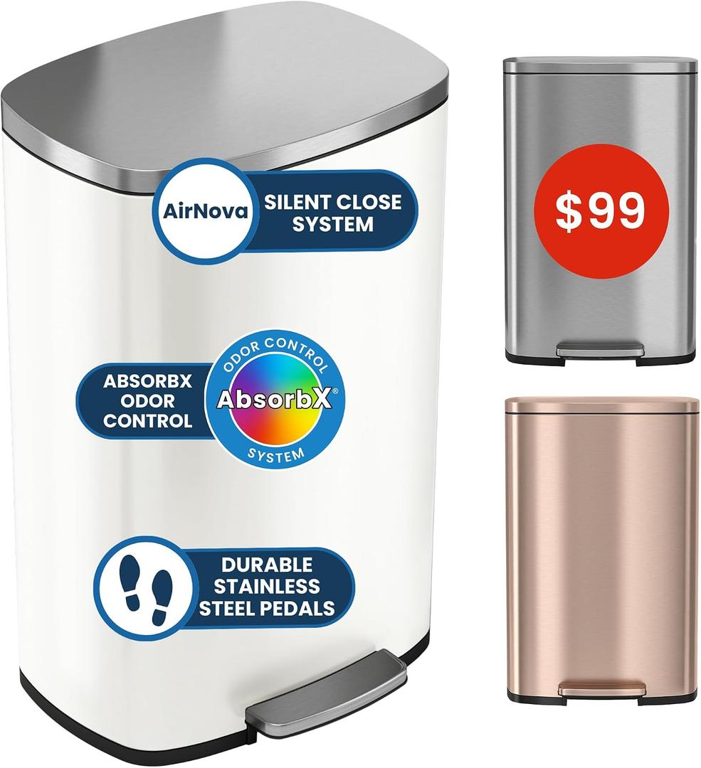 iTouchless 13 Gallon Step Trash Can with Odor Filter, 50L Stainless Steel Kitchen Garbage Bin, AirNova Silent Soft-Close Lid, Fingerprint-Proof Finish, Minimalist Clean Decor Accent Ivory White Finish