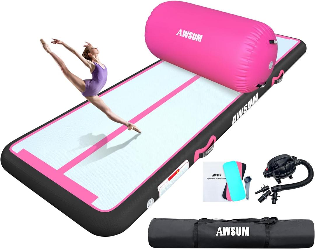 AWSUM 10ft /13ft Gymnastics Mat with Air Roller Tumbling Barrel Back Somersault Backbend Trainer for Inflatable Gymnastics Springboard Back Handspring Equipment, with Electric Pump (Pink/Black+Pink Roller)