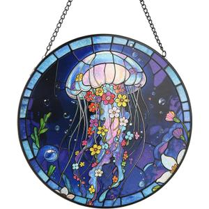 Stained Glass Window Hanging, Blue Jellyfish Circular Sun Catcher Ornament with Chain & Suction Cup, Suncatcher for Garden Door Home Decor, Birthday Gifts for Women Men Mom 7.8 in