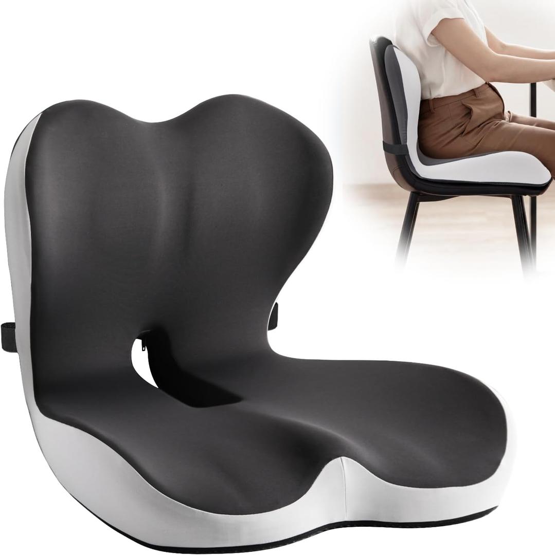 Office Chair Cushion for Tailbone & Low Back Pain Relief, Car and Truck Seat Cushion, Comfortable Foam and High Backrest, Suitable for Office Chairs, Cars, Trucks, and Home Chairs (Gray and White)