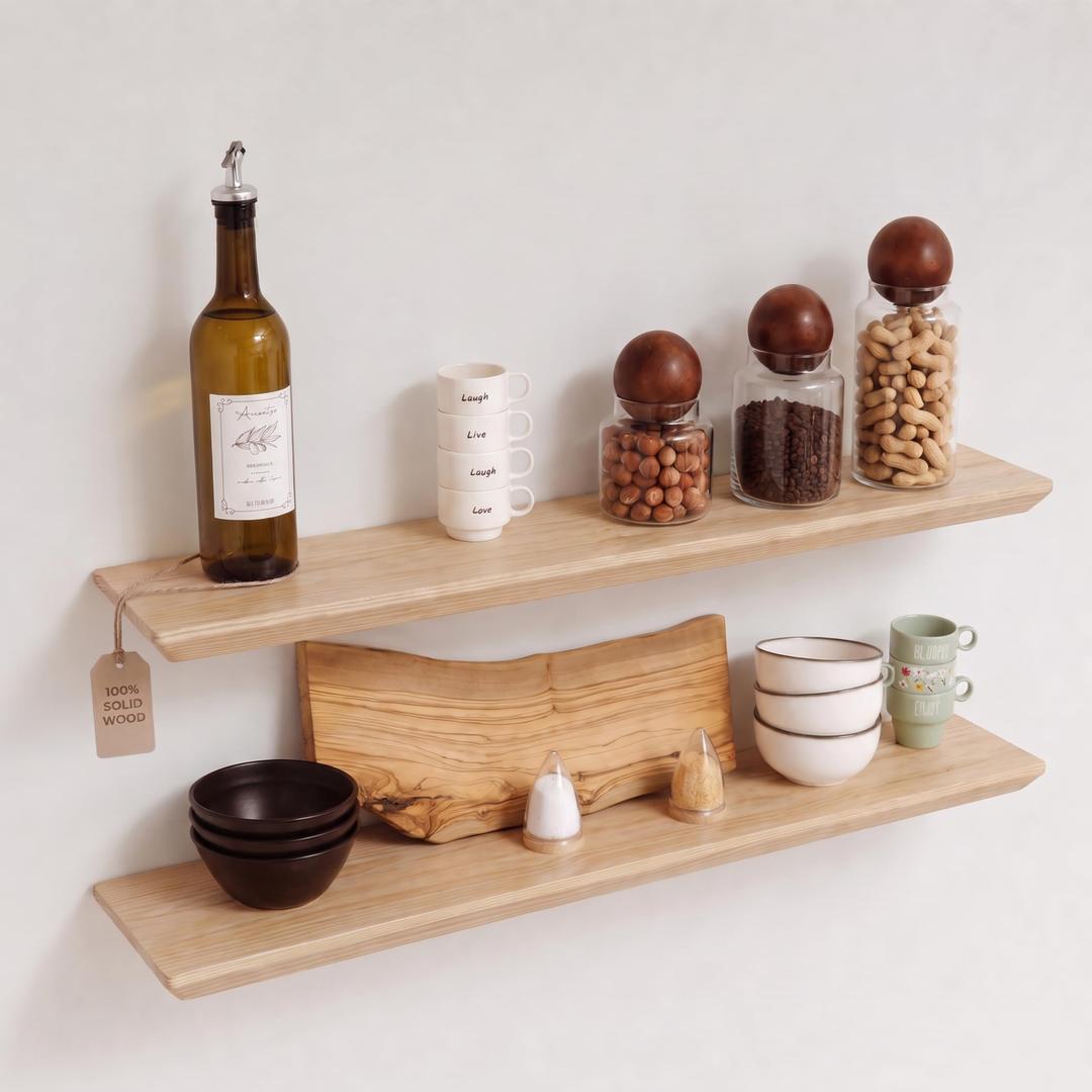 Floating Shelves for Wall - Solid Pine Wood Wall Shelf - Bathroom Shelves - Wall Shelves for Bedroom - Floating Shelf for Wall Mounted Shelves - 24x6.7x1.2 inch - Set of 2 (Natural Color)