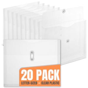 1InTheOffice Poly Envelopes Expandable Plastic Clear Envelope with Button & String Closure, Letter Size, Clear, 20 Pack