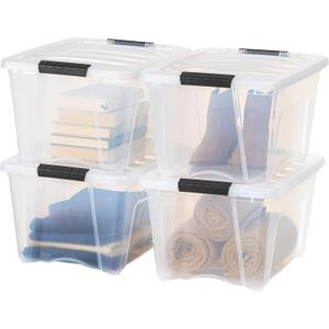 IRIS USA 32 Qt Stackable Plastic Storage Bins with Lids, 4 Pack - BPA-Free, Made in USA - See-Through Organizing Solution, Latches, Durable Nestable Containers, Secure Pull Handle - Clear