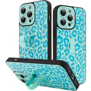 KANGHAR for iPhone 14 Pro Max Case Blue Leopard Print Pattern Cute Cheetah Wristband Stand Phone Cover for Women Girls Men Shockproof Slim Protective Cover for iPhone 14 Pro Max 6.7 Inch