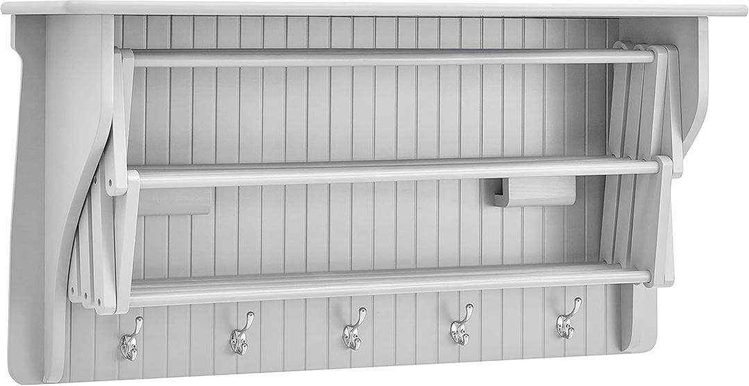 Danya B Accordion Clothes Drying Rack, Retractable, Wall Mounted Towel Rack and Hooks for Clothes and Towels for use in Laundry Room or Garage - White