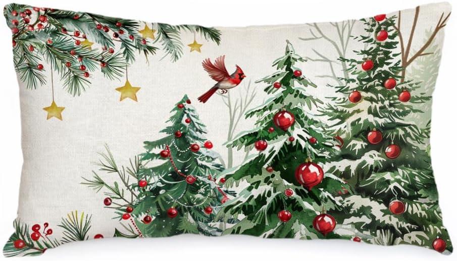 AACORS Christmas Pillow Cover 12X20 Inch Red Baubles Christmas Tree Bird Stars Decoration Holiday Farmhouse Winter Pillow Case for Sofa Couch Decor AA616-12
