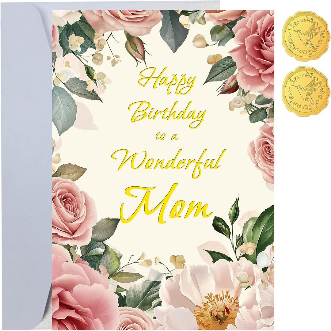 Happy Birthday Card for Mom - Double-layer card, Design with Gold Foil text, with envelope and Envelope sticker Heartfelt Message（5.6 x 8.1”）