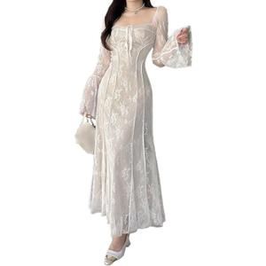 xxxiticat Women's Floral Lace Maxi Dress Long Sleeve Square Neck Flower Print Swing Hem Layered White Fairy Long Dress (Beige, L)