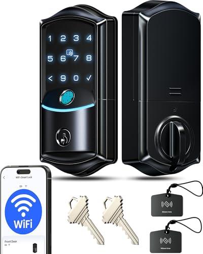Veise VE027 Built-in Wi-Fi Smart Lock, Fingerprint Keyless Entry Front Door Lock, App Remote & Voice Control, No Hub Needed, Touchscreen Keypad Deadbolt, IP65 Waterproof, BHMA Grade 3, Matte Black
