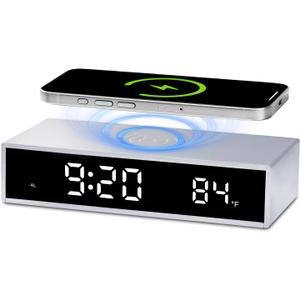 Digital LED Alarm Clock with Wireless Charging,15W Fast Wireless Charger for Smart Phone for iPhone/Samsung, Nighttime Mode Adjustable Brightness Snooze, Clock for Bedroom Living Room Office, Silver