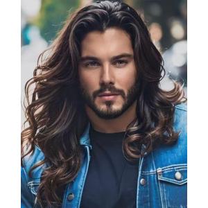 Long Curly Wavy Dark Brown Wigs for Men Synthetic Natural Party Halloween Cosplay Hair Wig