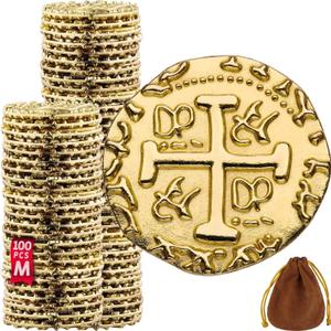 Leib Games Large Metal Pirate Coins - 100 Gold Treasure Coin Set, Metal Replica Spanish Doubloons for Pirate Party Decorations & Favors, Tokens, Toys, Cosplay - Pirate Treasure Chest, Size 7/8"