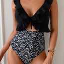 Eomenie One Piece Swimsuit for Women Tummy Control Ruffle Bathing Suit V Neck Ruched Swim Suit Slimming Cutout Swimwear (Black White Print, X-Large)