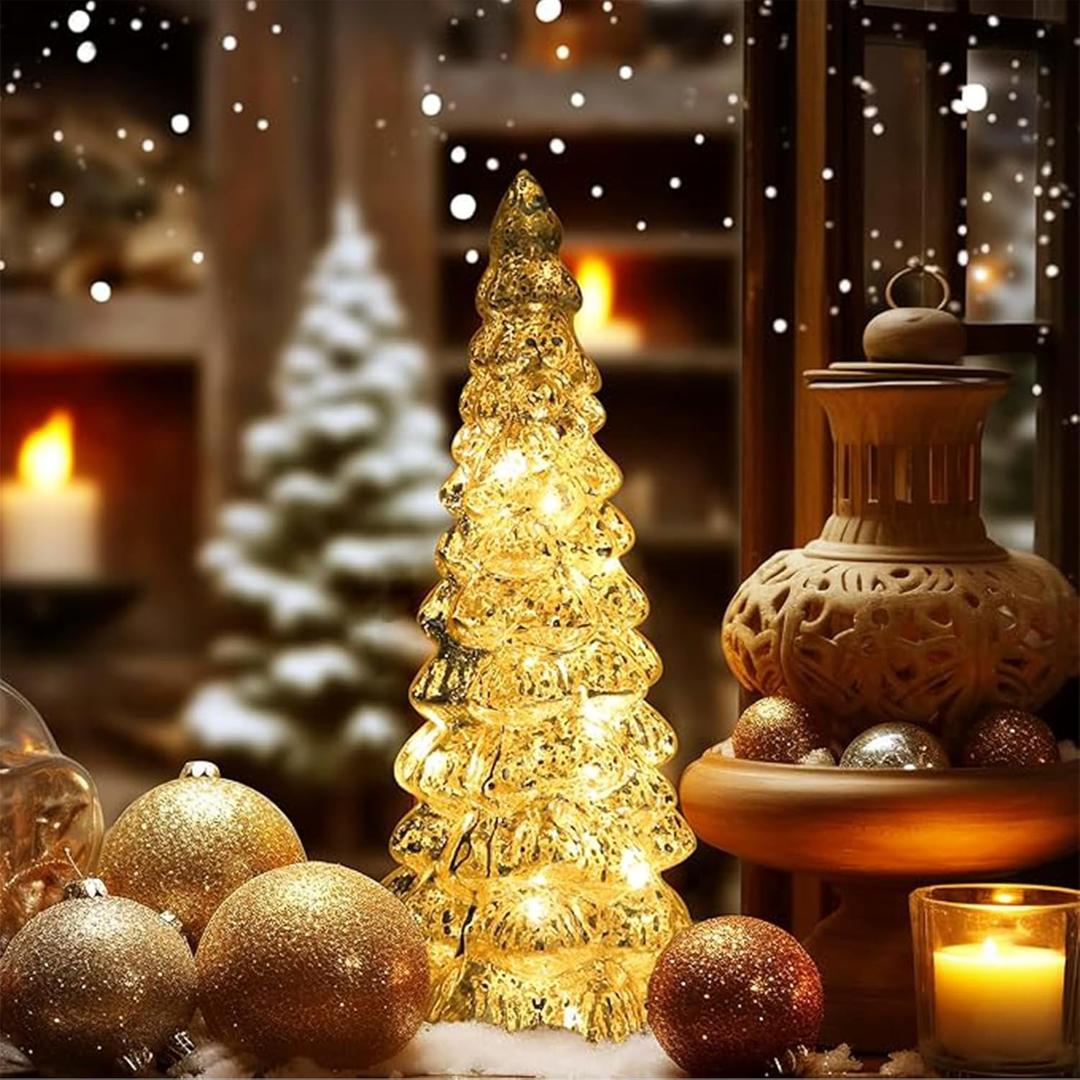 Christmas Tree Glass Decorative LED Light: 13.5" Tall, Battery Operated Holiday Tabletop Ornament, Frosted Glass Christmas Home Decor, Xmas Tree Night Light for Indoor Decor White