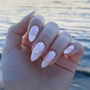 French Tip Press on Nails Almond Medium Length Fake Nails Pearl Powder Chrome False Nails with Designs Charm Glue on Nails Glossy Artificial Acrylic Nails for Women Manicure Art (Style 30)
