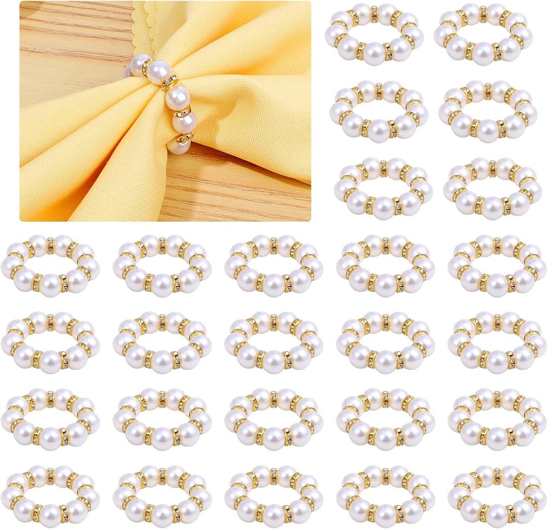 60 Pcs Gold Disposable Napkin Rings, Imitation Pearl Napkin Rings Holder Beaded White & Golden Beaded Serviette Buckles for Formal Wedding Dinner Home Decor Party Supplies (Gold, 60 Pcs)