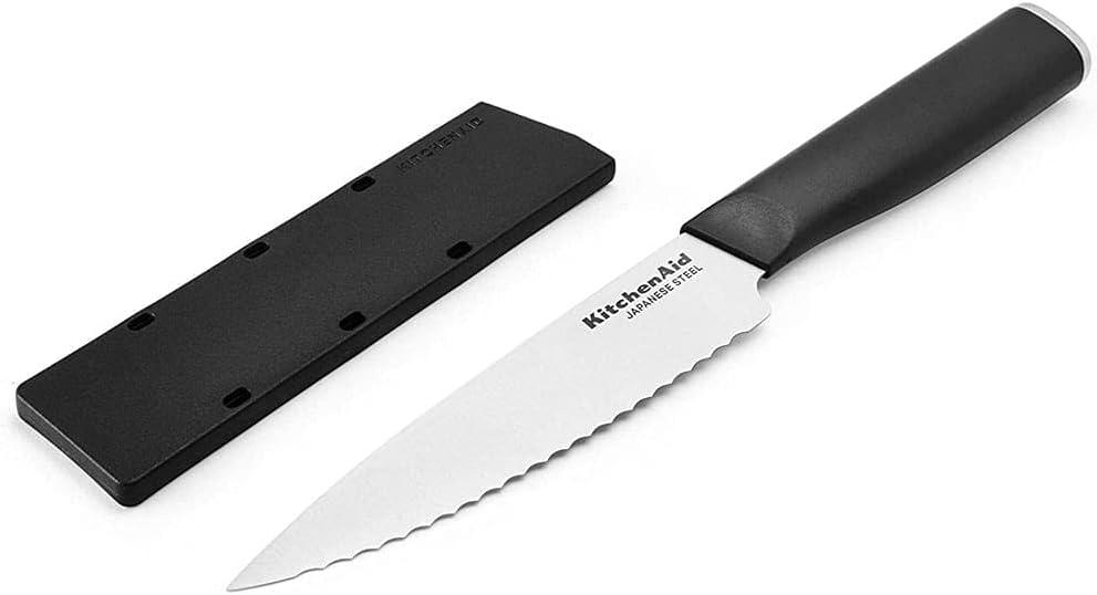 KitchenAid Classic Serrated Utility Knife with Custom Fit Blade Cover, 8 inch, Sharp Kitchen Knife, High Carbon Japanese Stainless Steel Blade, Black