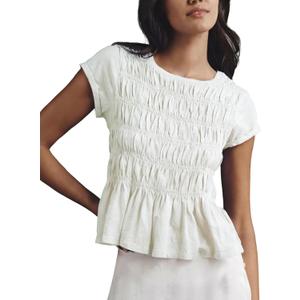 Shiyifa Womens Peplum Babydoll Tops Smocked Ruched Crew Neck Cap Sleeve Tee(White-M)