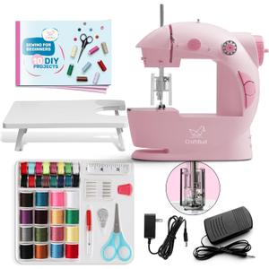 CraftBud Mini Sewing Machine for Beginners, Dual Speed Small Portable Sewing Machine for Kids and Adults with Extension Table, 48 Piece Gift Set Includes, Pedal, Projects Book, Light and More, Pink