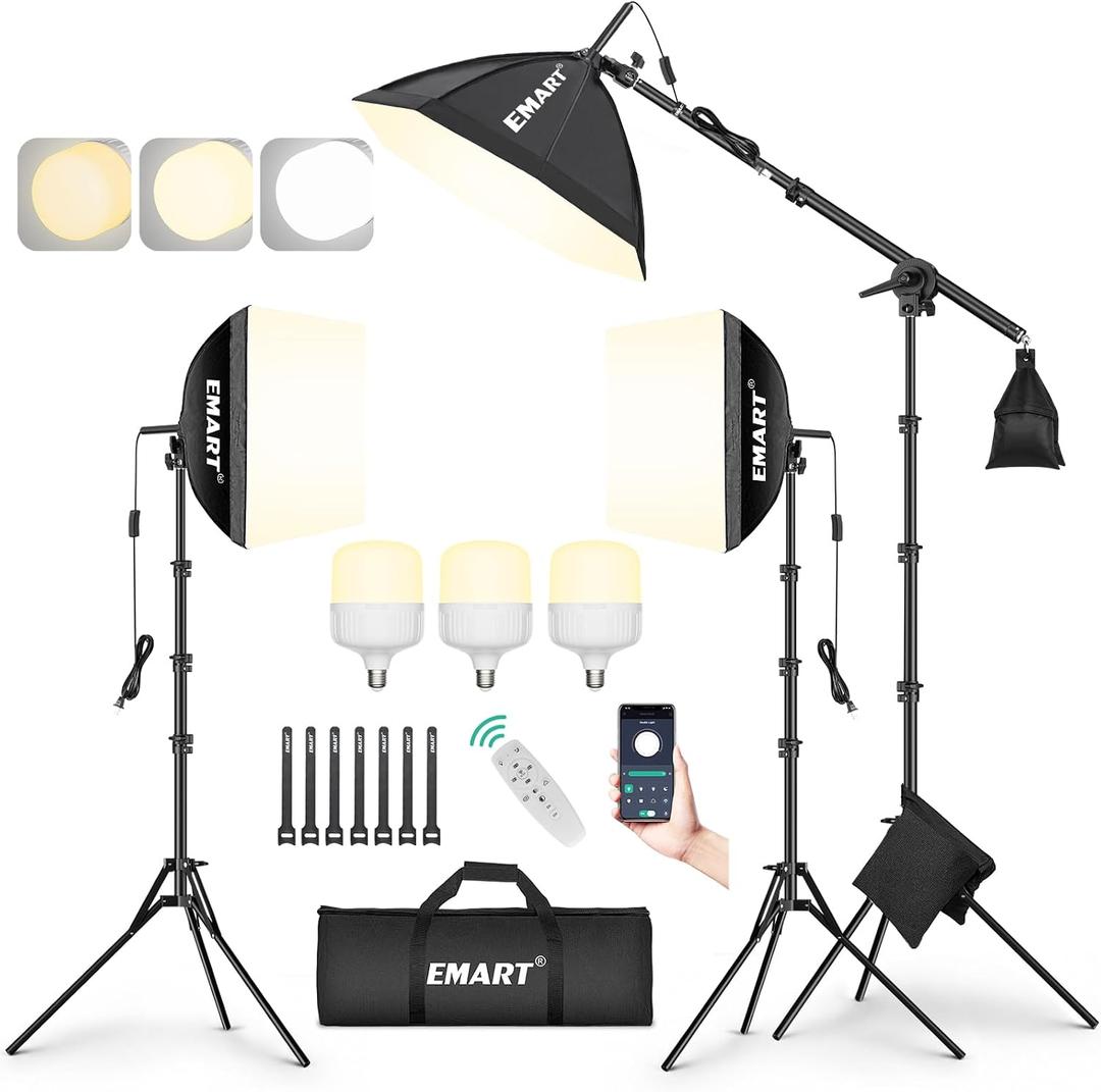 EMART Softbox Photography Lighting Kit, 50W LED 3PCS Soft Box with Boom Arm
