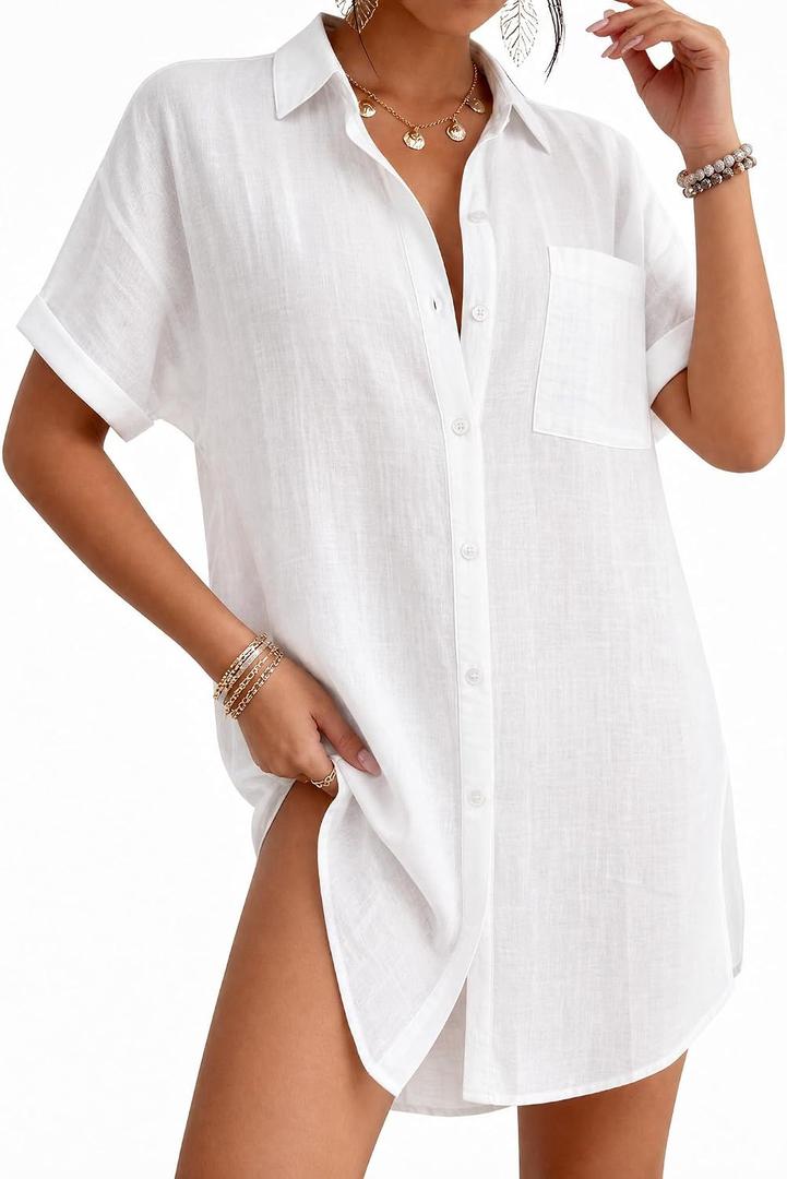 MANGOPOP Swimsuit Coverup for Women Striped Bathing Suit Cover Up Button Down Shirt Beach Cover Ups Dress 2026 Summer Outfits, Small