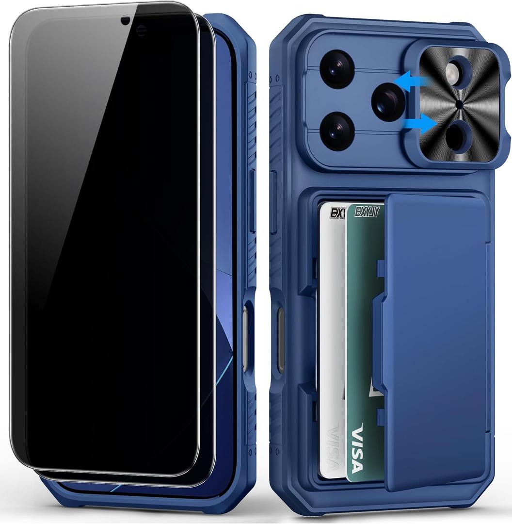 for iPhone 17 Pro Wallet Case，2 Privacy Screen Protectors, Card Holder (4-5 Cards), Slide Camera Cover, Military Grade Shockproof, Rugged Heavy Duty Men Women Phone Case for iPhone 17Pro, Blue