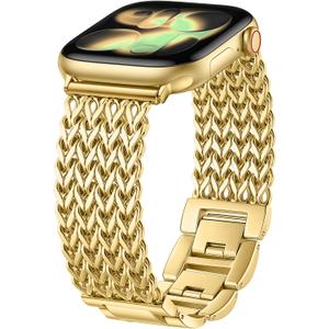 Metal Band Compatible with Apple Watch Bands for Women, Dressy Stainless Steel Link Bracelet, Designer Strap for iWatch Series Gold, 38mm/40mm/41mm/(42mm-Series 11 10)